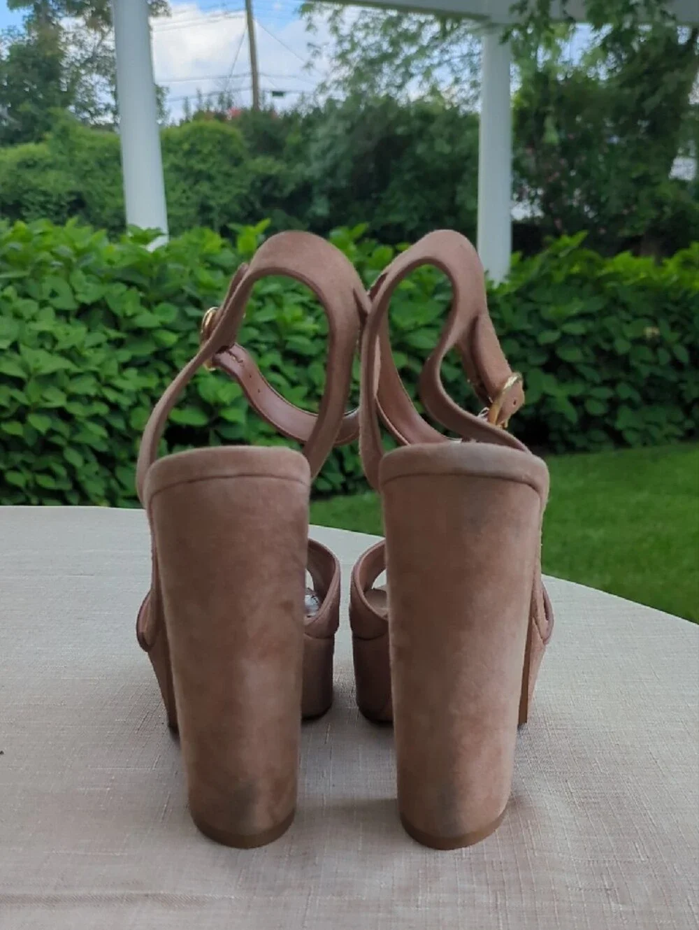 Aqua Nude Suede Platform Heels with Ankle Strap